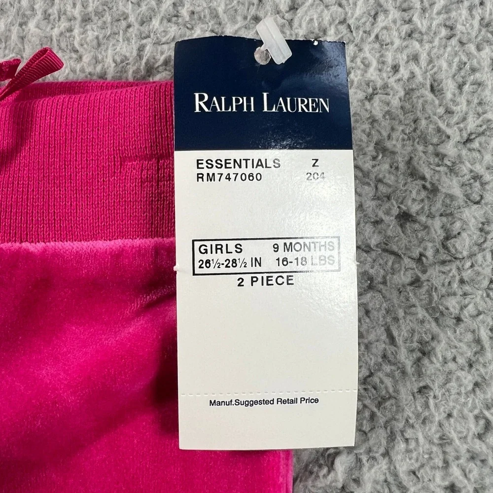 Ralph Lauren Tracksuit Girls 9M Pink Velour Zip Hoodie and Pants Set Vintage NWT
